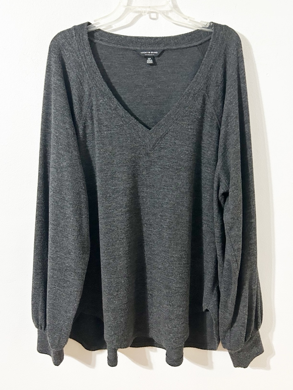 Lucky Brand Charcoal Gray V-Neck Long Sleeve Top Soft Drapey Casual Knit Top